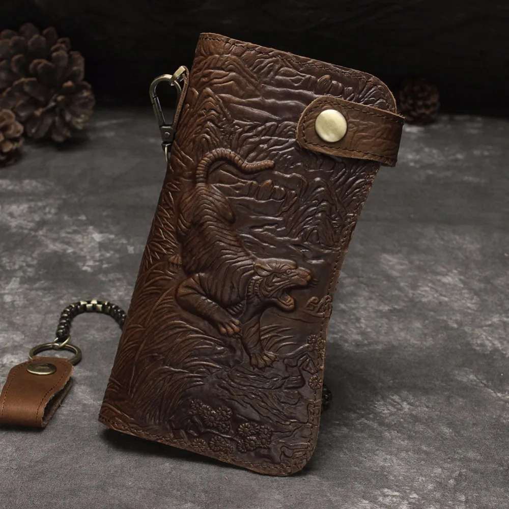 

Top Quality Cattle Male Organizal Vintage Genuine leather Card Holder 3D Dragon &Tiger Men's Clutch Bags Long Wallet for Male