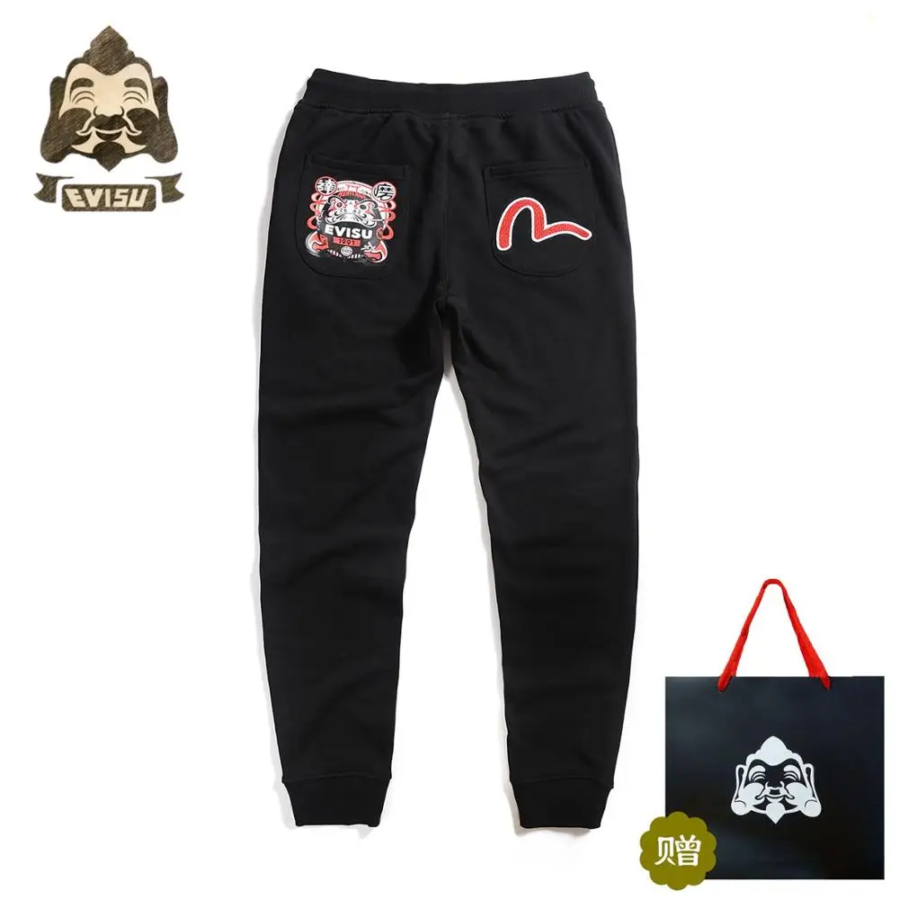 Tide бренд Evisu модные трендовые мужские брюки хлопковые мужские и женские парные набивные спортивные штаны повседневные брюки теплые дышащие брюки - Цвет: black K5103