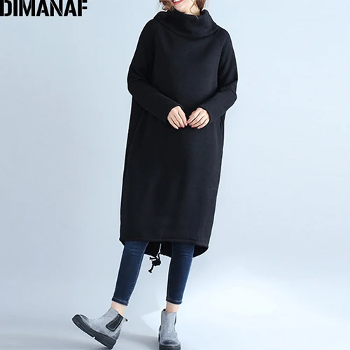 Yi96801CN-black DIMANAF, женские длинные платья, водолазка, хлопок, утолщенная теплая Женская одежда, женское элегантное платье размера плюс,, Осень-зима - Цвет: Yi96801CN-black