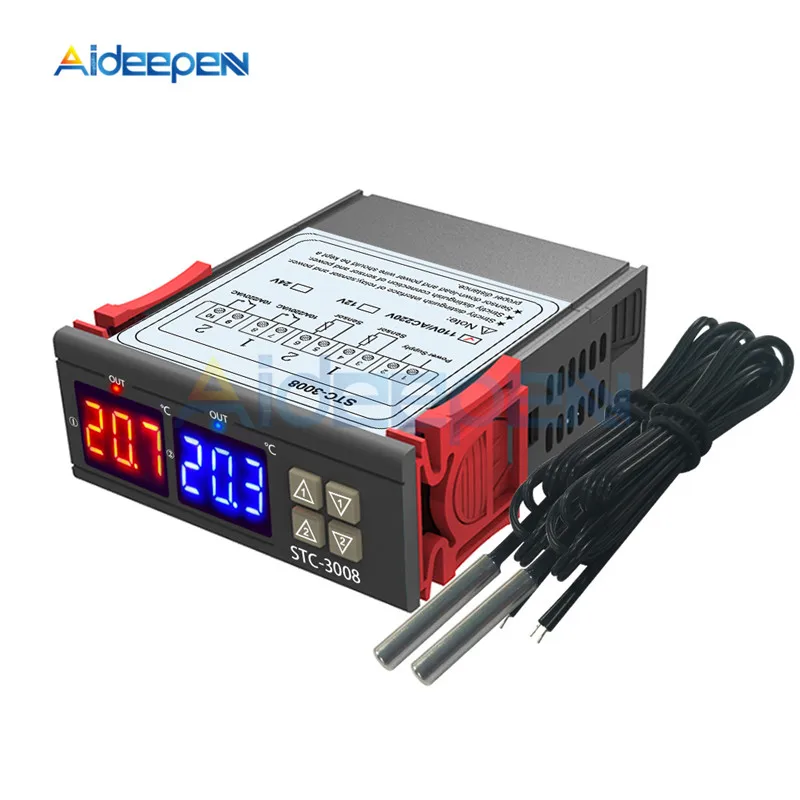 STC-3008 3018 3028 AC 110V 220V DC 12V 24V 10A Двойной Цифровой температурный контроллер гигрометр Отопление охлаждение два релейных выхода - Цвет: 3008 AC 110-220V