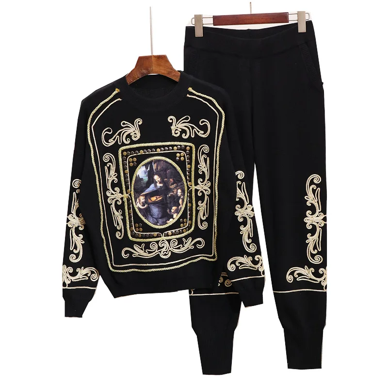 Женский трикотажный костюм ALPHALMODA с тяжелой вышивкой и бисером европейский стиль