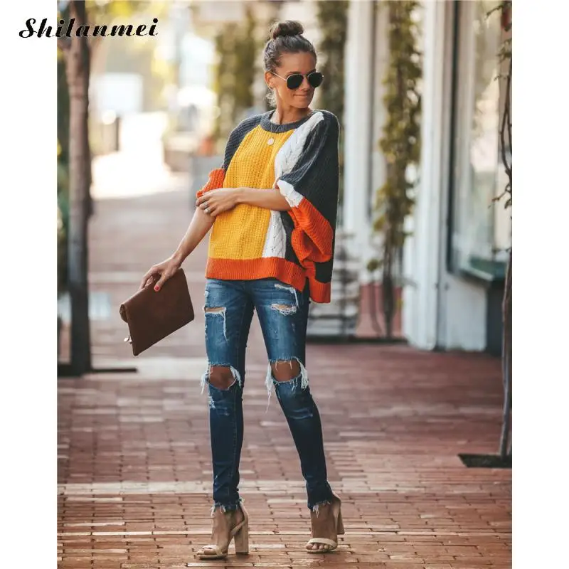 Autumn Winter Women Sweaters And Pullovers Street Style Lantern Sleeve Patchwork Jumper Fashion Loose Chunky Knit Sweaters