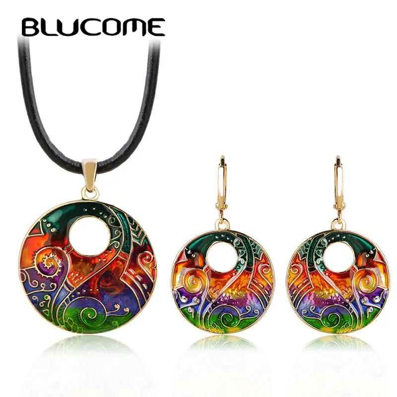 Фото Blucome Colorful Big Round Necklace Earrings Set Rope Chain Choker Pendant Long Drop Pendientes Women Girls Enamel Jewelry Sets|enamel jewelry