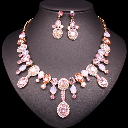 pink Модные серьги с австрийскими кристаллами, ожерелье, ювелирные изделия, свадебные роскошные женские ювелирные наборы, модные подарки для женщин - Окраска металла: pink