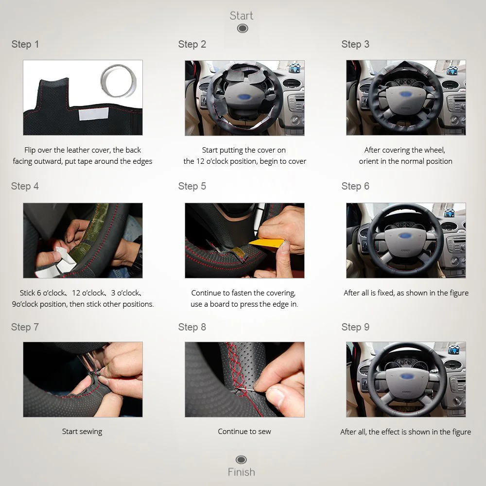 

LUNDA Leather Hand-stitched Car Steering Wheel Cover for Ford Explorer taurus Raptor F150 probes Custom made Steering cover