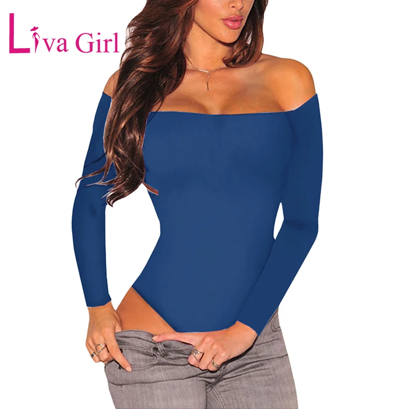 00107-Blue LIVA GIRL, сексуальный черный облегающий боди с длинным рукавом, женские комбинезоны с открытой спиной и открытыми плечами, белые боди с вырезом лодочкой, женские комбинезоны - Цвет: 00107-Blue
