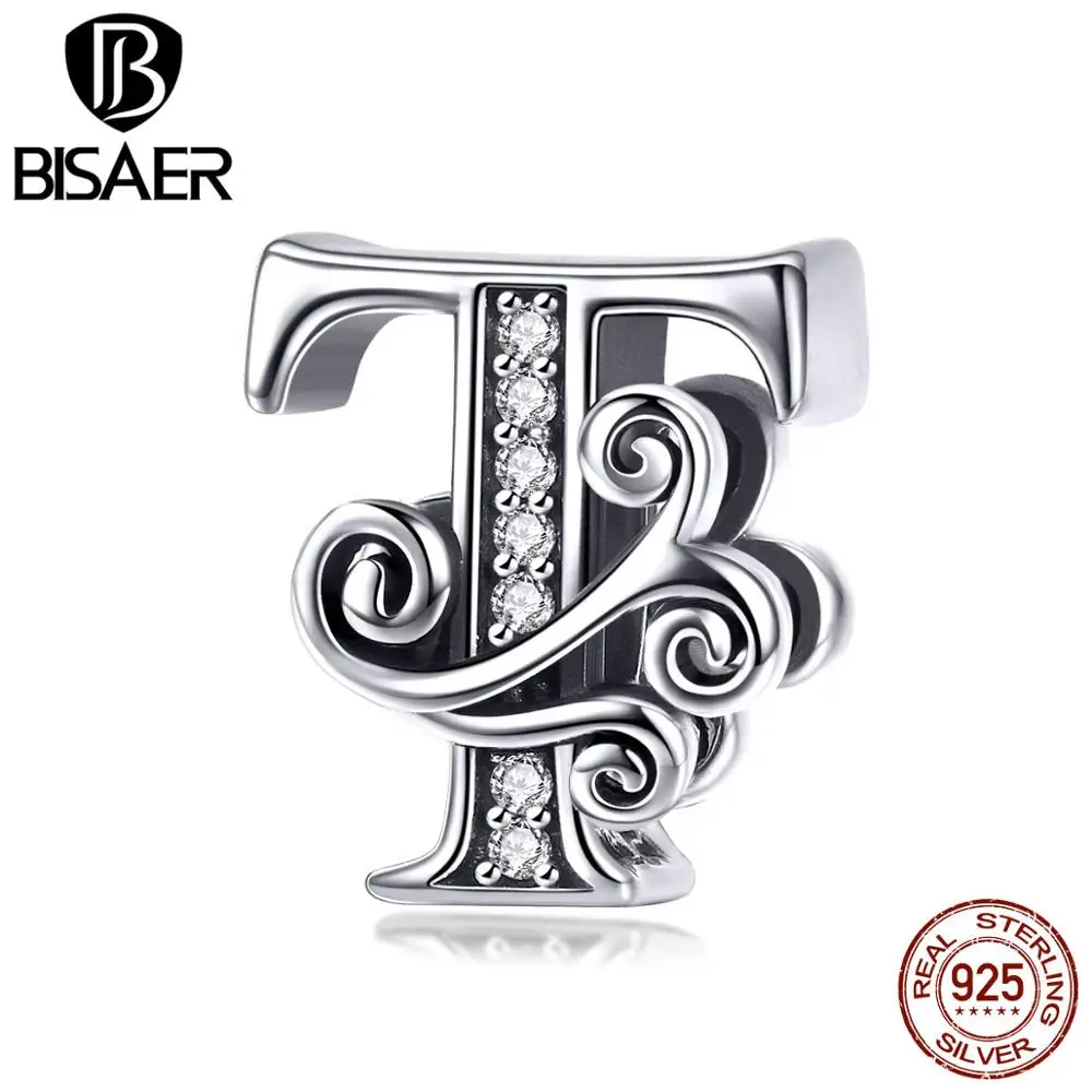 Бусины BISAER для браслета, подлинные 925 пробы, серебро, циркон, алфавит от A до Z, для женщин, изготовление ювелирных изделий, именные подарки GAC030 - Цвет: GAC030-T