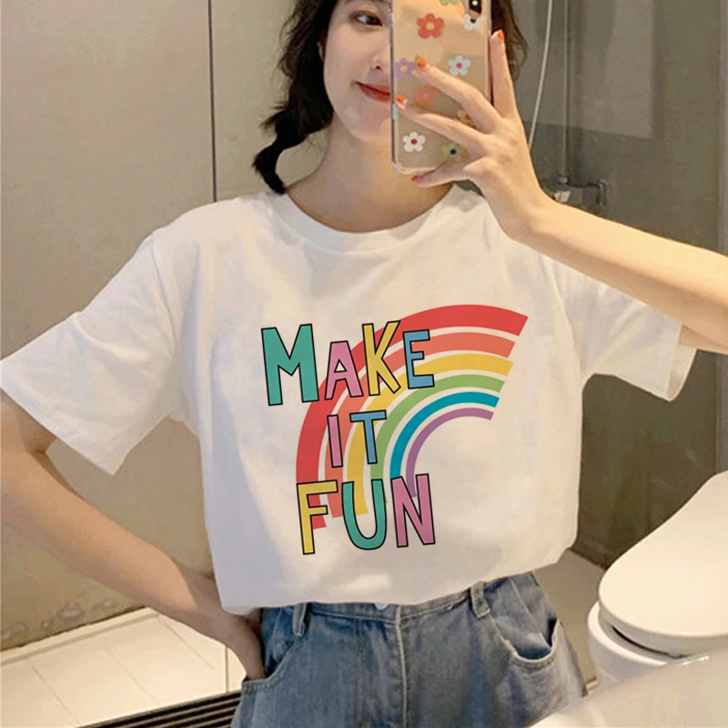 Милая Радужная Футболка Harajuku Ullzang Женская забавная мультяшная кавайная футболка
