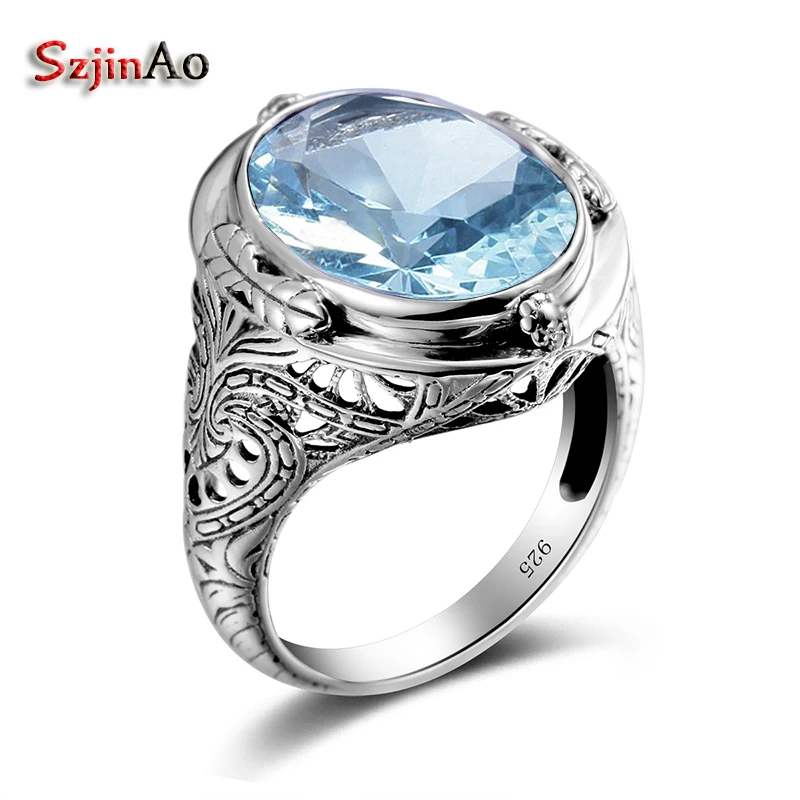 

Szjinao Luxury Aquamarine Bride Wedding Rings Pure 100% 925 Silver Rings For Women Retro Birthstone Female Jewelry Handmade Gift