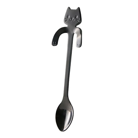 Black Creative Stainless Steel Cartoon Cat Hand Coffee Tea Spoon Ice Cream Dessert Long Handle Hanging Spoons Tableware Kitchen Tools - Цвет: Black