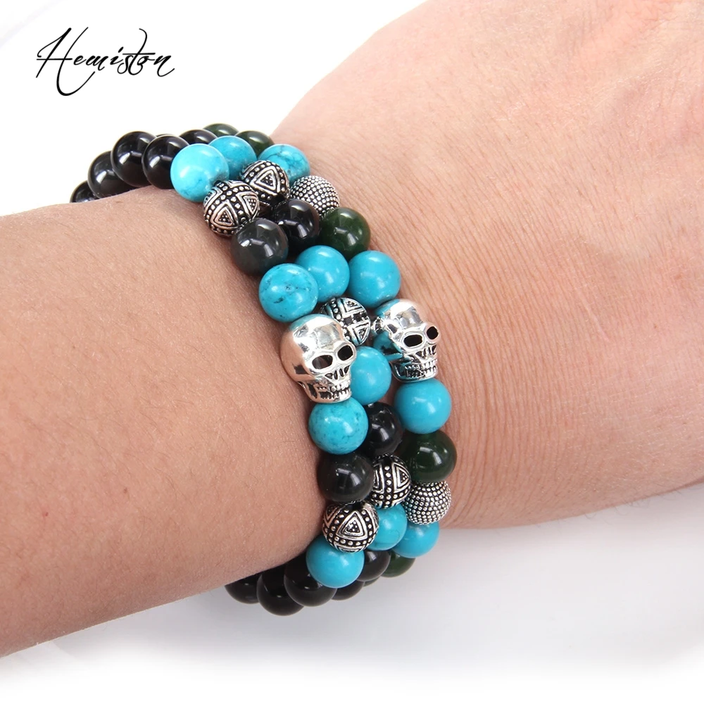 Томас Череп бусины из синего камня Для мужчин Браслеты Натуральный камень Rebel Heart