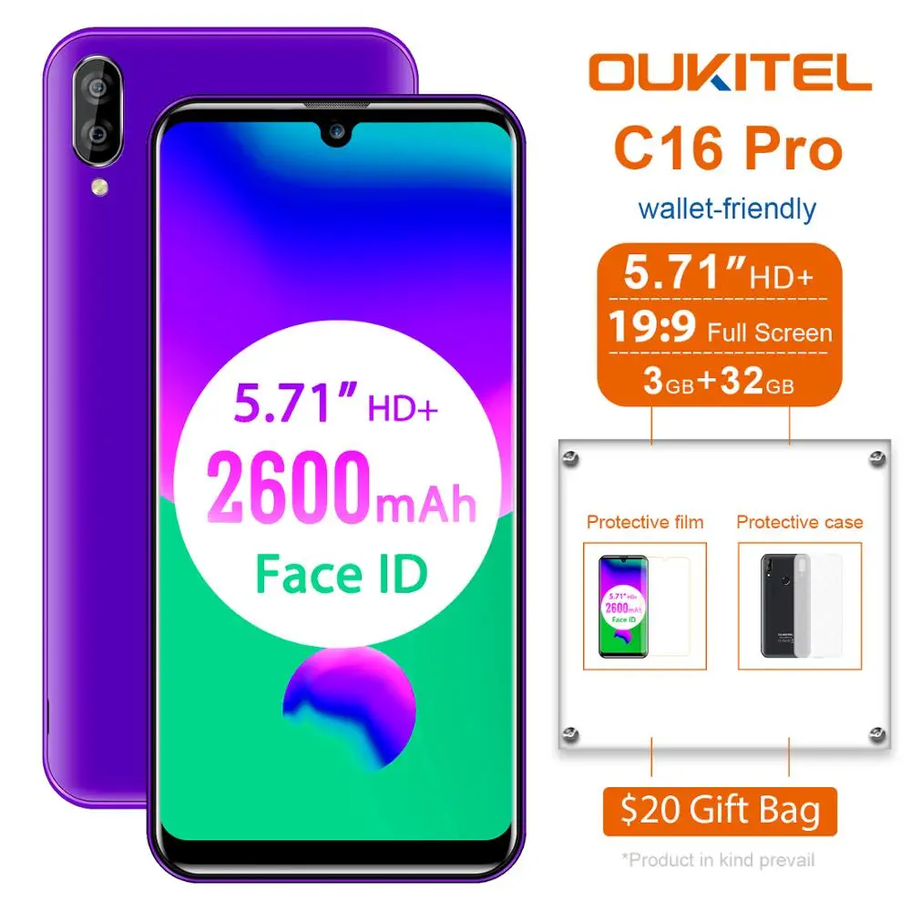 OUKITEL C16 PRO смартфон с 5 7 дюймовым дисплеем четырёхъядерным процессором MT6761P ОЗУ 3 ГБ