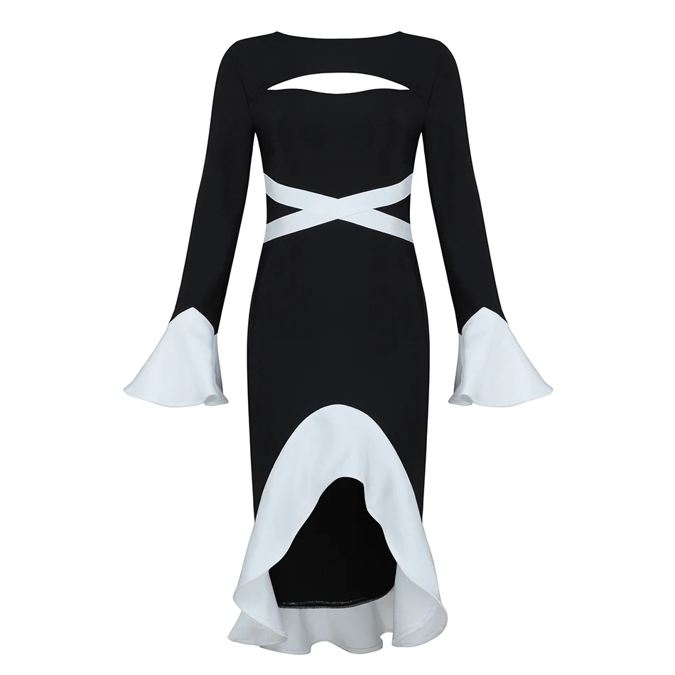 Miss Water 2018 New White Black Women Bandage Dress Office Lady Sheath Strtiped Full Length Cascading Ruffle Flare Sleeve | Женская