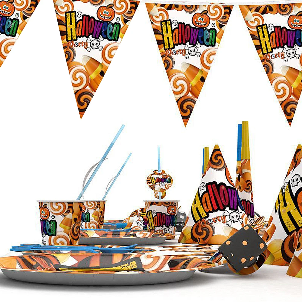 Creative Halloween Pumpkin Tableware Set Disposable Paper Plates Cups Straws Napkin Tablecloth For Festival Event Party Supply | Дом и сад