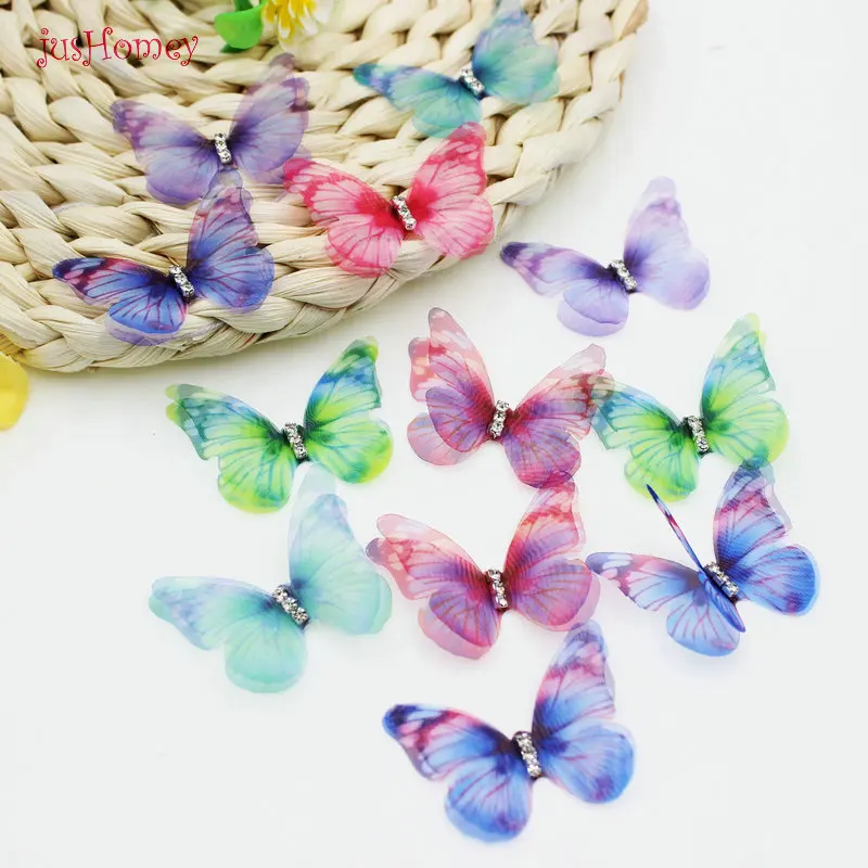 Apliques de mariposa de tela de Organza de Color degradado, 38mm, mariposa de gasa transl&uacute;cida para decoraci&oacute;n de fiesta, adorno de mu&ntilde;eca, 56 Uds.-0
