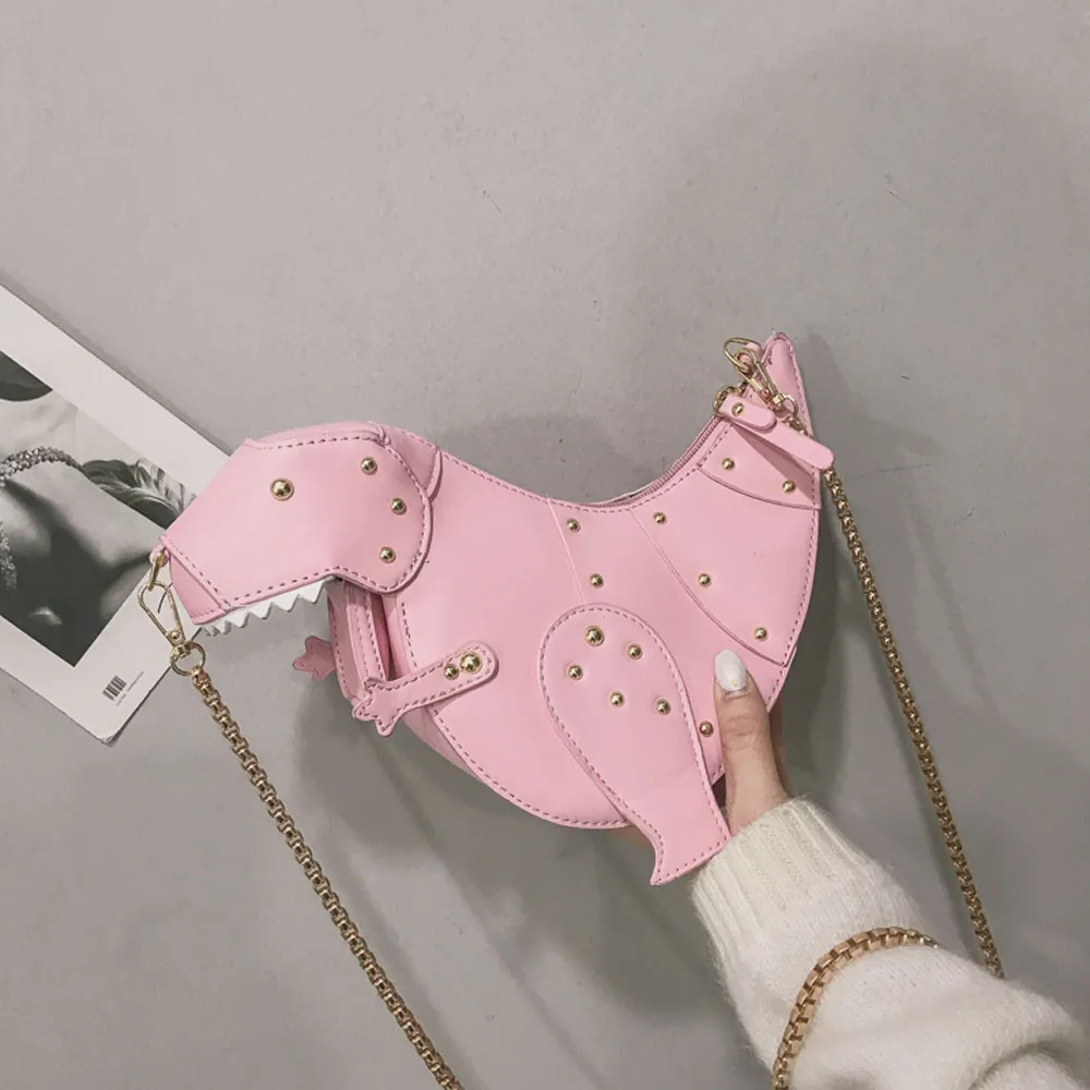 Pink OCARDIAN с заклепками, дизайн динозавра, модная кожаная мини сумка через плечо, женская сумочка на цепочке, женская сумка на плечо - Цвет: Pink