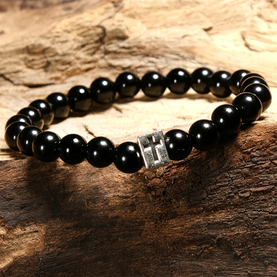 

HOBBORN Classic Men Natural Stone Energy Bracelet Black Onyx Natural Stone Healing Reiki Prayer Balance Cross Bracelets Jewelry