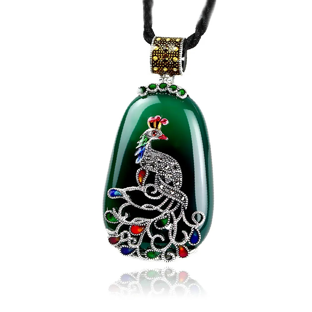 Green JIASHUNTAI Винтаж Серебро 925 пробы королевские натуральные камни подвеска на ожерелье Павлин ювелирные изделия для женщин Ретро - Окраска металла: Green