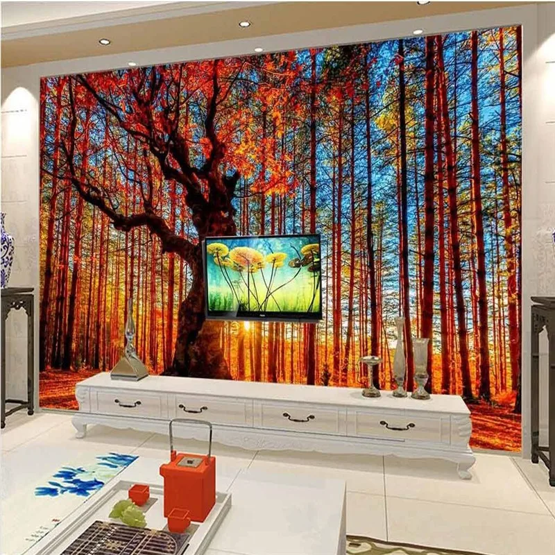 

beibehang Wallpaper 3D Balcony Forest Landscape Red Leaves Background Modern Europe Mural for Living Room Painting Home Decor