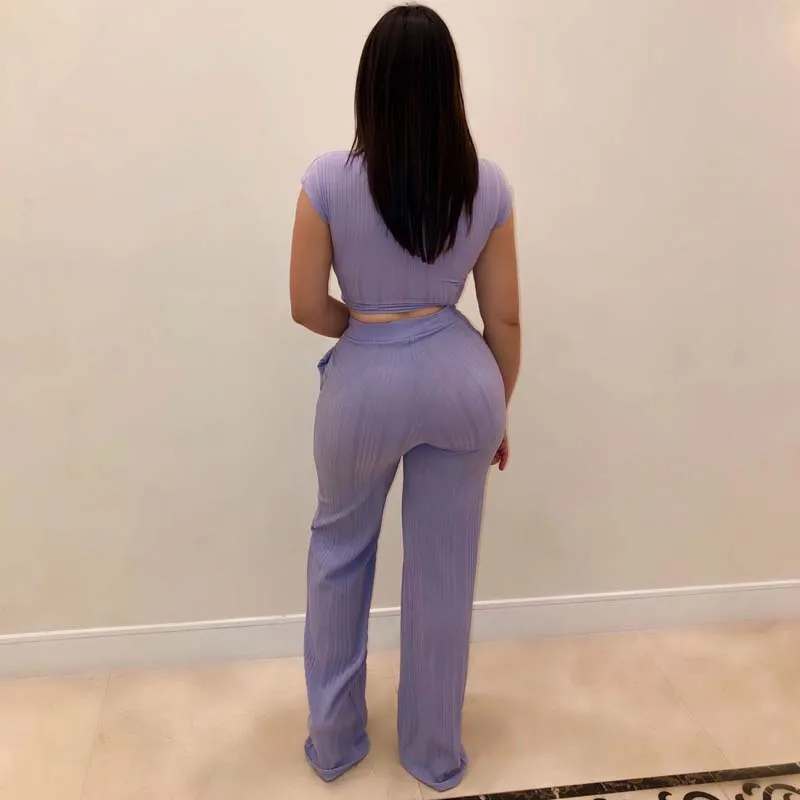 

Women Two Piece Outfits Women O-Neck Short Sleeve Solid Summer T-shirt Casual Elastic Waist Ankle-Length Long Pants