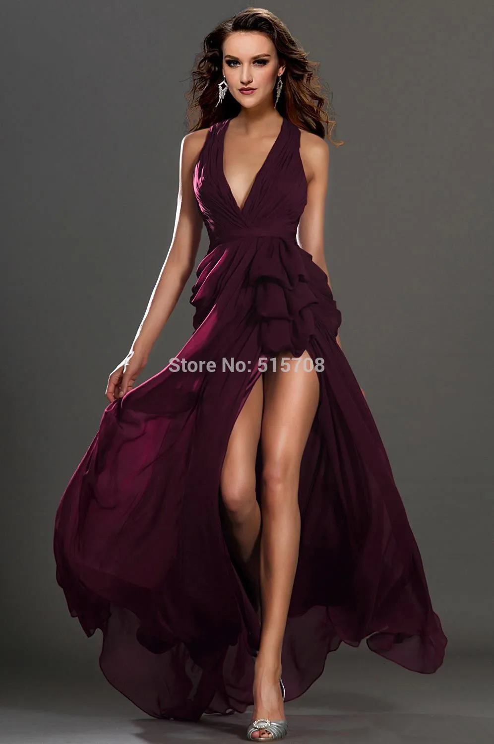 2014 Gorgeous Prom Dresses Sexy Wine Red Deep V Neck Floor Length Split Front Draped Chiffon Evening Party |