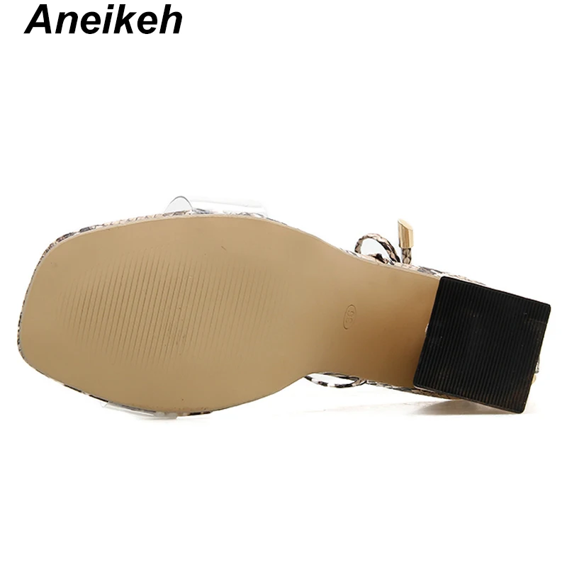 Aneikeh/ г. Классические женские босоножки из PU искусственной кожи обувь на высоком квадратном каблуке, с квадратным носком, со шнуровкой, из змеиной кожи, прозрачный, розовый, красный, абрикосовый цвета, размер 40