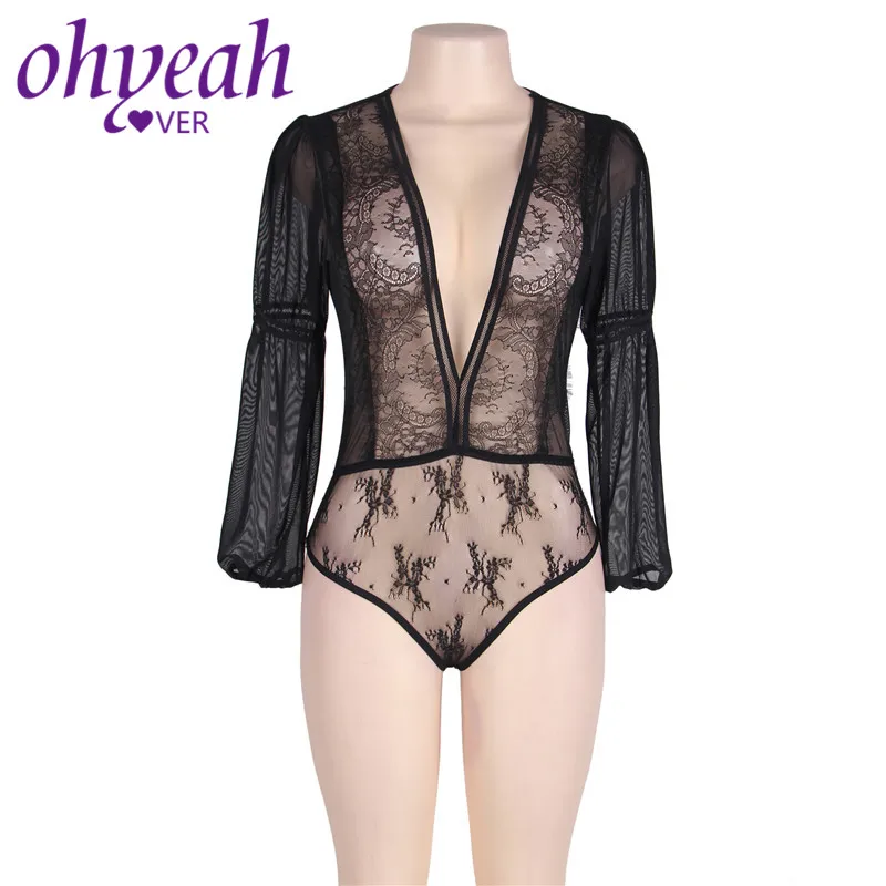 

Ohyeahlover Lace Bodysuit Deep V Neck Romper Puff Long Sleeve Jumpsuit Plus Size Bodies Tops Womens Sheer Mesh Bodysuits RM80542