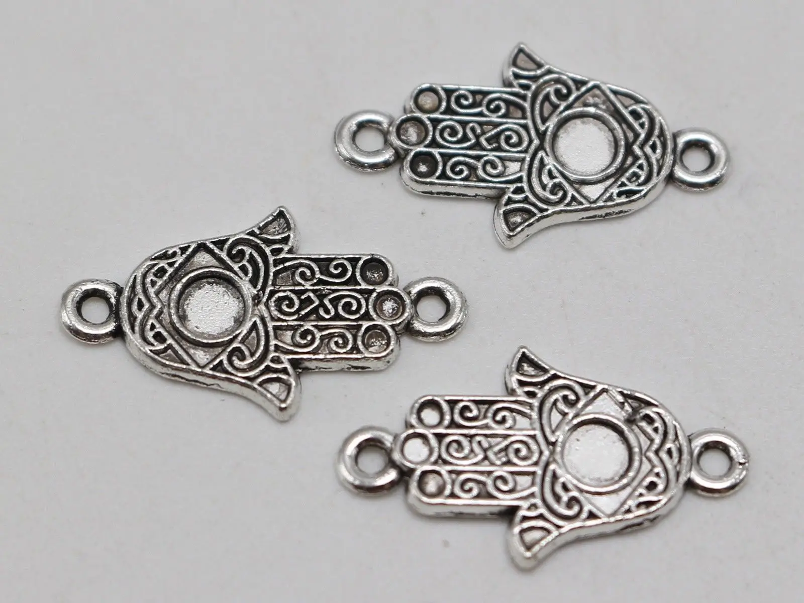 

50 Tibet Silver Colour Tone Hamsa Hand Pendants Connector Charm 22X14mm with 4mm Blank