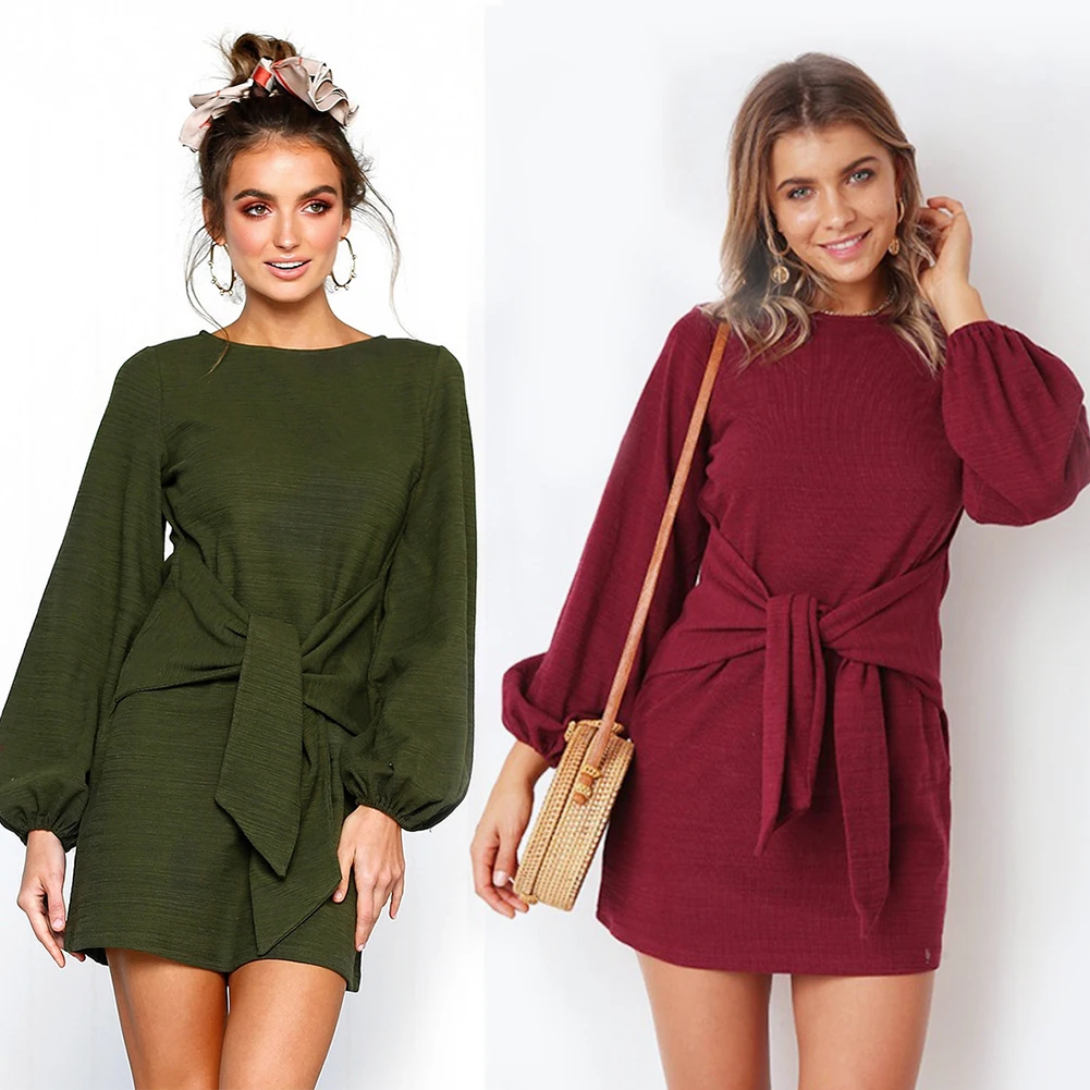 Женщина Fabala Повседневный пуловер фонарь рукав футболка повязку Осень мини |