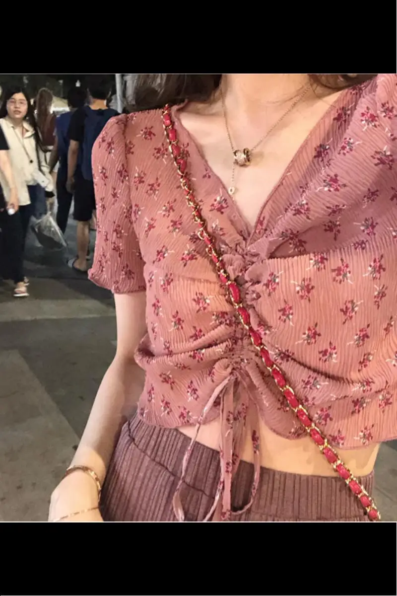 Мода 2019 рубашка Топ плиссированная свободная Цветочная тонкая секция drawstring