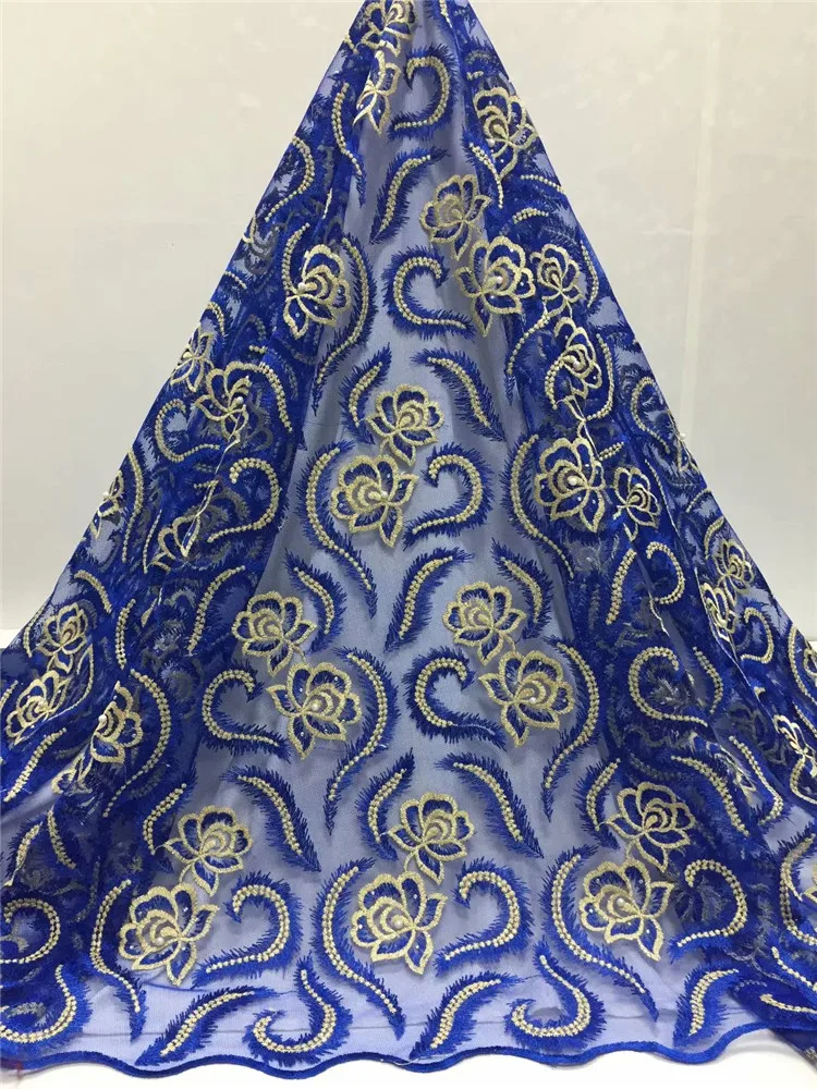 

French Laces Fabrics High Quality Tulle French beads stones Gold orange Blue Latest High Quality African Tulle Lace Fabric 2019