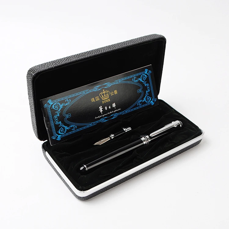 Double Pen Head Duke D2 Smooth Black Fountain Pen + Calligraphy Pen Luxury Christmas Gift Pens Set 0.5mm 1.0mm Nib Free Shipping