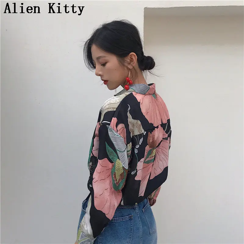Шифоновая однобортная рубашка с принтом Alien Kitty винтажная элегантная