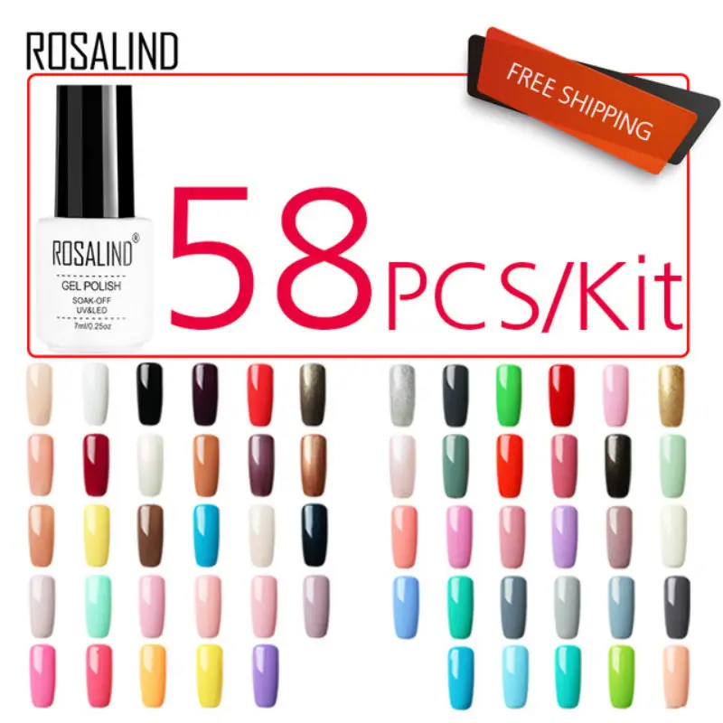ROSALIND 58PCS/LOT Nail Gel Polish Set For Manicure Design Pure Color Gel Varnish Nail Art Soak Off  UV LED Nail Primer Kit