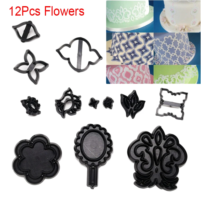 12pcs Flowers Новые формы для украшения торта, набор пластиковых формочек для печенья, выпечки, инструменты для свадебной музыки, семейные животные, баллон - Цвет: 12pcs Flowers