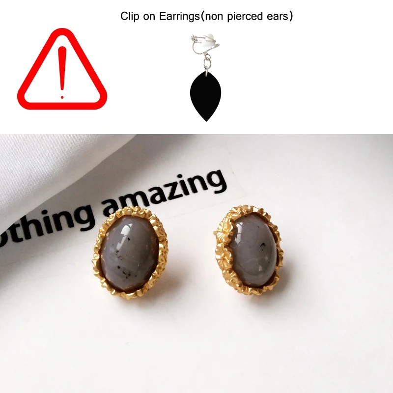 grey clip earring Простые элегантные серьги-Клипсы из смолы с кристаллами, без пирсинга, винтажные металлические серьги-клипсы с овальным камнем без отверстия для ушей, Винтажные серьги - Окраска металла: grey clip earring