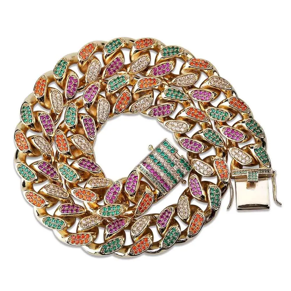 

18MM HipHop Cuban Chain Necklace Micro Pave Multicolor Cubic Zircon Stones Gold Silver Color Heavy Necklaces Gift For Men JUNLU