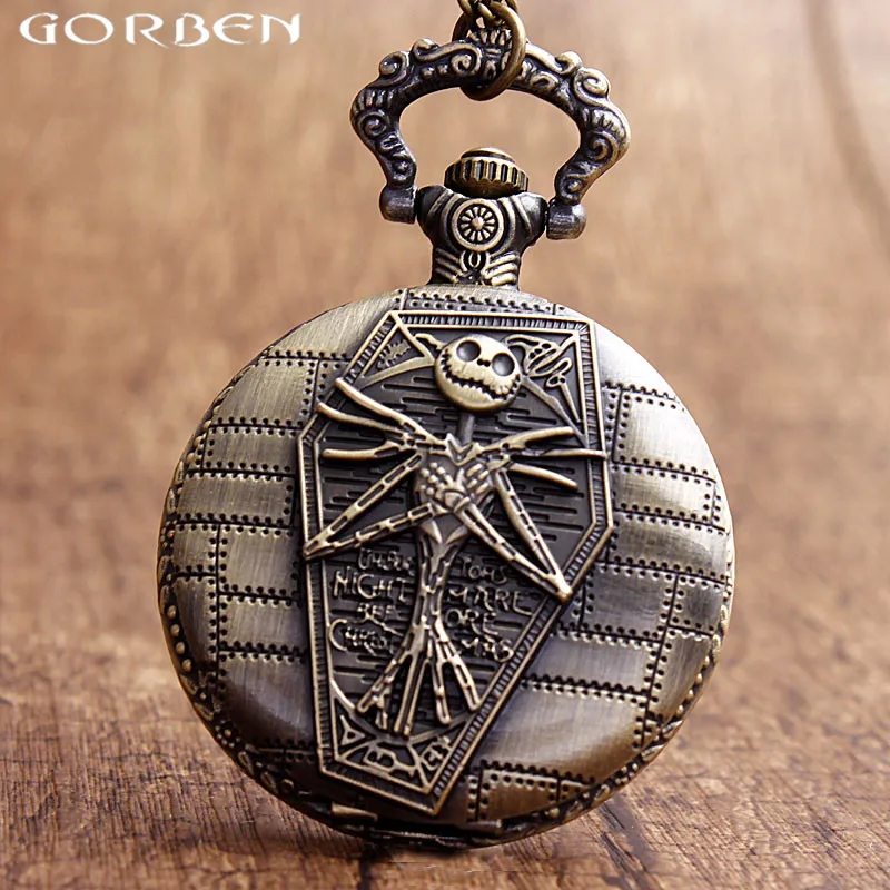 

Vintage Bronze Jack Skellington Tim Burton Pocket Watch For Nightmare Before Christmas Theme Necklace Chain Clock Women Men Gift