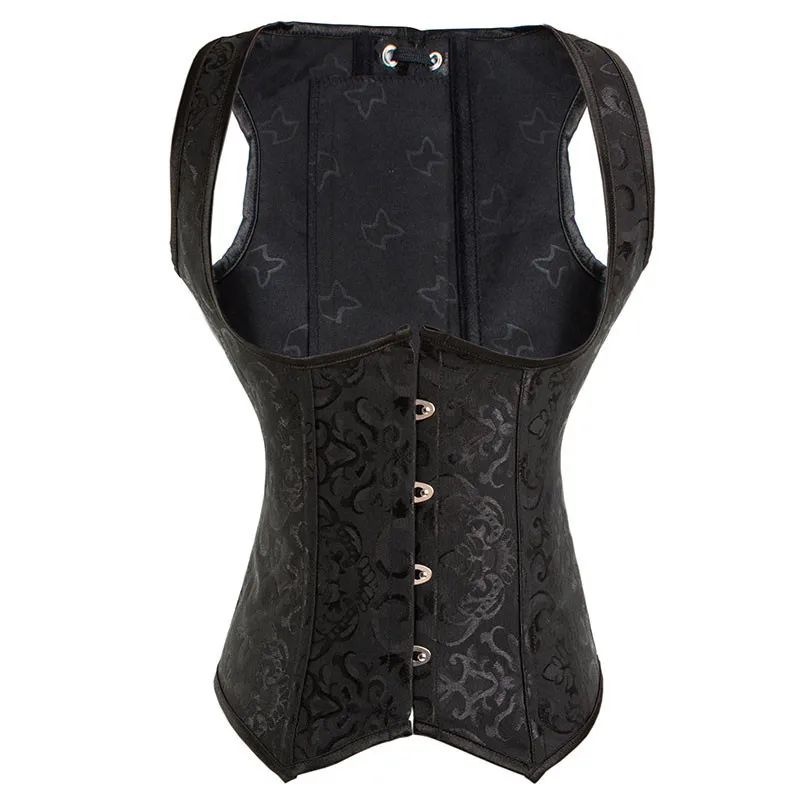 Винтажный черный жаккардовый корсет без чашек со стальными косточками топ