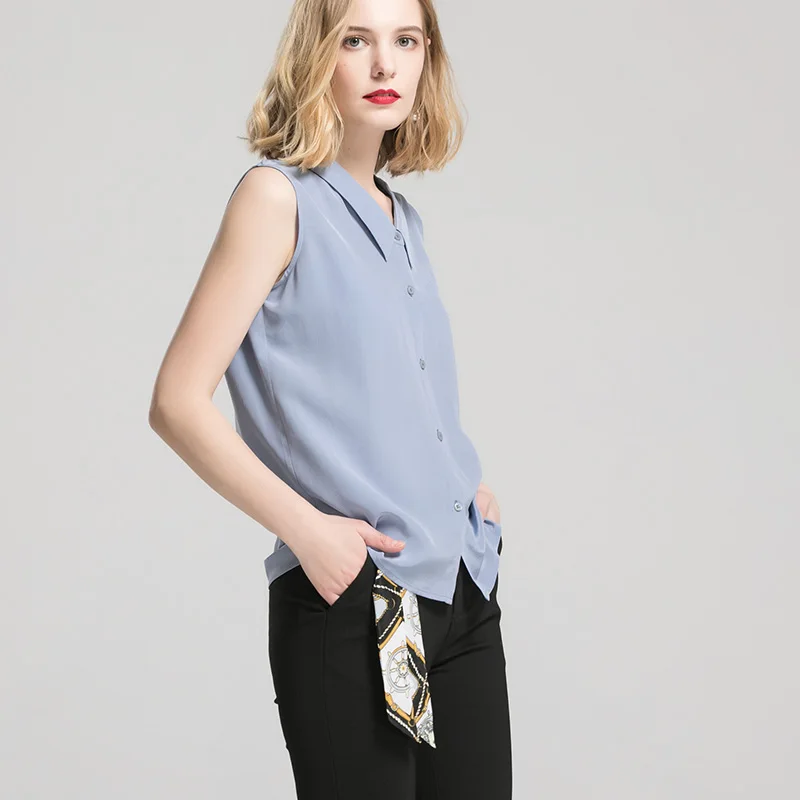Women Silk Shirt 100%Real silk Sleeveless Solid Button T shirt 2019 Summer New Top Office lady Slate Blue | Женская одежда