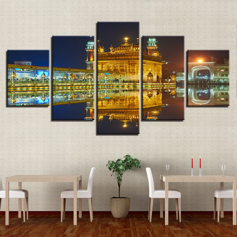 

Wall Art Canvas Poster Living Room Home Decor 5 Pieces Golden Temple Beautiful Night View Paintings HD Prints Pictures Framework