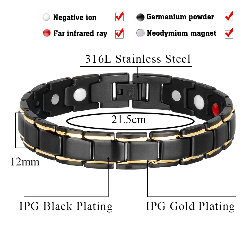 Hottime Luxury Fashion Health Energy Bracelet Bangle Men 316L Stainless Steel Bio Magnetic Bracelets Black& Golden Jewelry