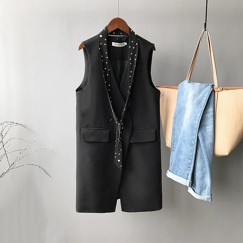 

2019 Spring Korean Women Long Vest Slim With Scarves Single Button Solid Waistcoat Female Thin Suit Vest Sleeveless Coat Tops