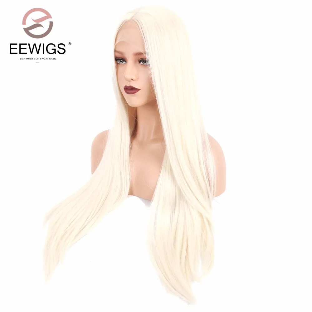 EEWigs платиновый блондин парик шелковистый прямой синтетический на кружеве с