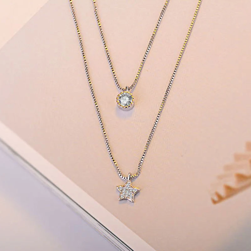 

Серебряное ожерелье MEYRROYU 925 пробы, ожерелье с двойным кулоном Стразы с блестящей звездой из циркония, Женские Ювелирные изделия в подарок
