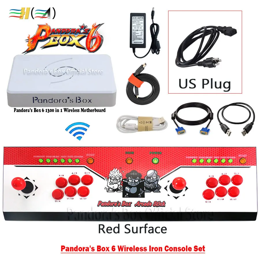wireless red US plug Pandora Box 6 1300 в 1 комплект беспроводной железной консоли 2 игрока джойстик кнопки контроллер может добавить 3000 игр fba mame ps1 3d игры - Цвет: wireless red US plug