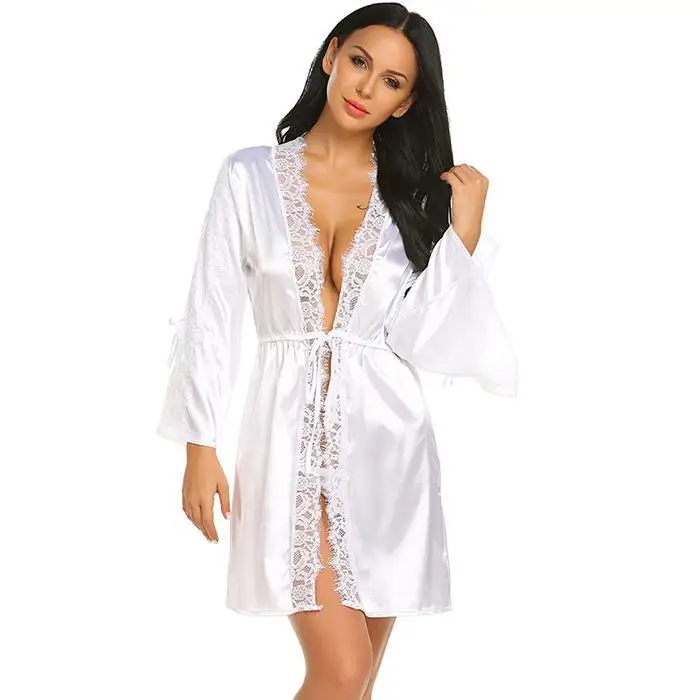Avidlove Autumn Sleeve Sexy Nightwear Robes Lace Floral Long Satin Patchwork Nightgown Women Short Dressing Gowns for Women