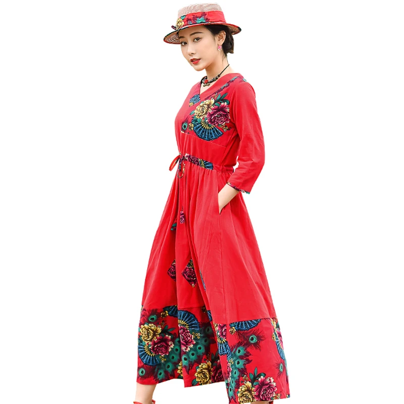 2019 Улучшенная красный для женщин платье пляжного отдыха китайский стиль ретро