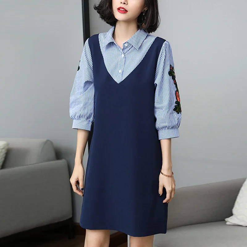 2018 весеннее женское элегантное платье из искусственного двух частей в полоску с