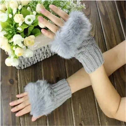 G015 Light gray Модные перчатки Guantes в стиле пэчворк, женские шерстяные перчатки, вязаные перчатки из искусственного кроличьего меха, милые женские варежки на полпальца, клетчатые перчатки Luvas G015 - Цвет: G015 Light gray